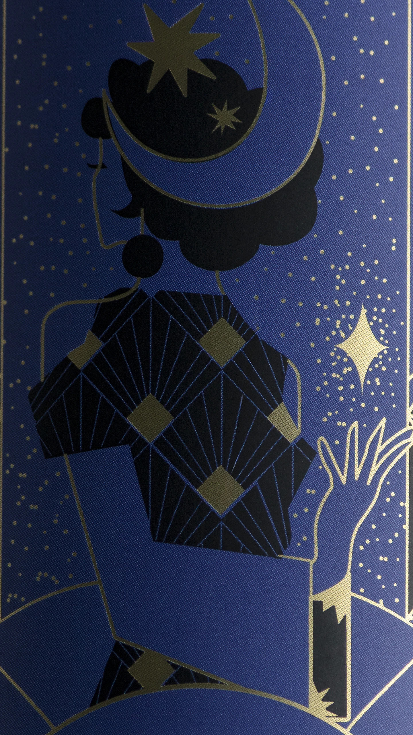 Detalle en primerísimo plano de la etiqueta azul y dorado del Vino Tinto 'Emilia' Merlot. Se aprecia la ilustración y la indicación 'Santa Isabel, Chihuahua'.